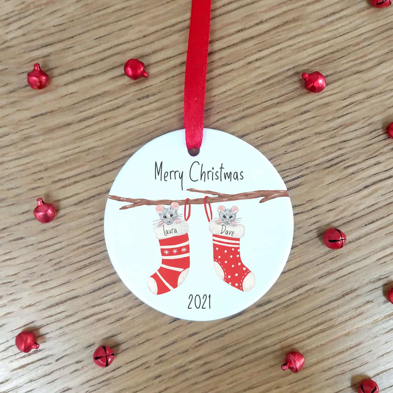 Personalised Christmas Tree Decoration | Christmas Stocking Mice Ceramic Hanging Ornament | Christmas Bauble