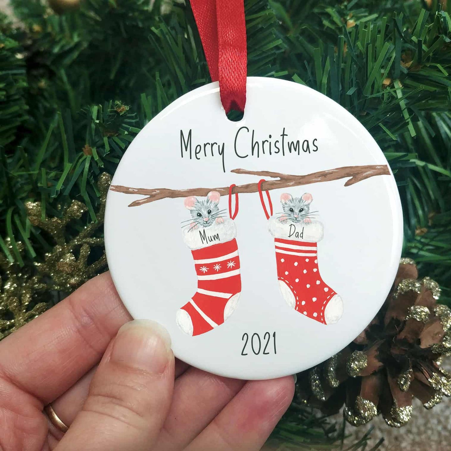 Personalised Christmas Tree Decoration | Christmas Stocking Mice Ceramic Hanging Ornament | Christmas Bauble