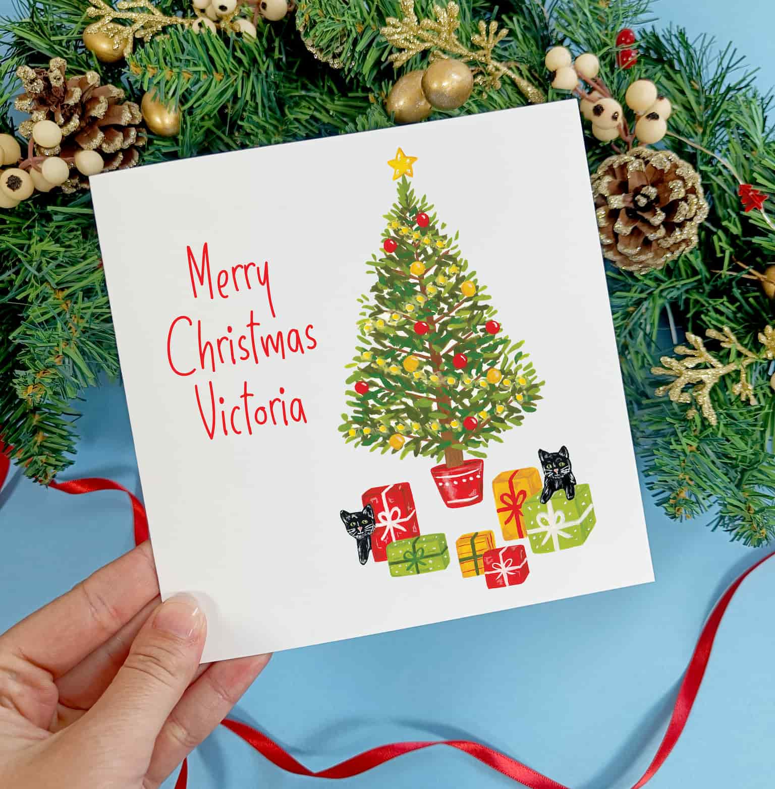 Personalised Cat Christmas Tree Card