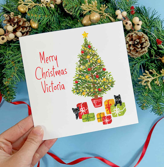Personalised Cat Christmas Tree Card
