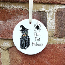 Load image into Gallery viewer, Witches Cat Halloween Ceramic Ornament | Baby&#39;s First Halloweeen Keepsake
