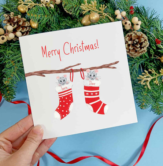 Personalised Mice Christmas Stocking Card