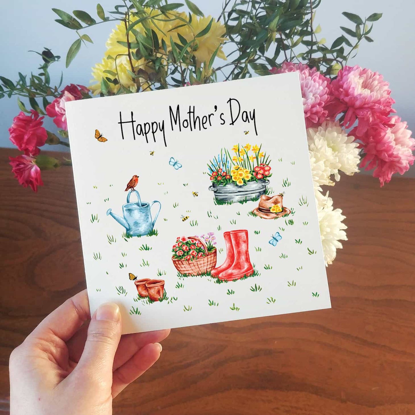 Personalised Floral Garden and Wellies Mother's Day Card