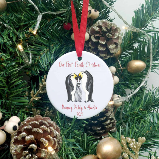 Personalised First Family Christmas Tree Decoration | Penguin Family of Three