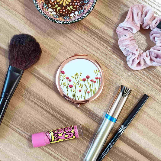 Floral Name Pocket Mirror | Pink Flowers Rose Gold Compact Mirror
