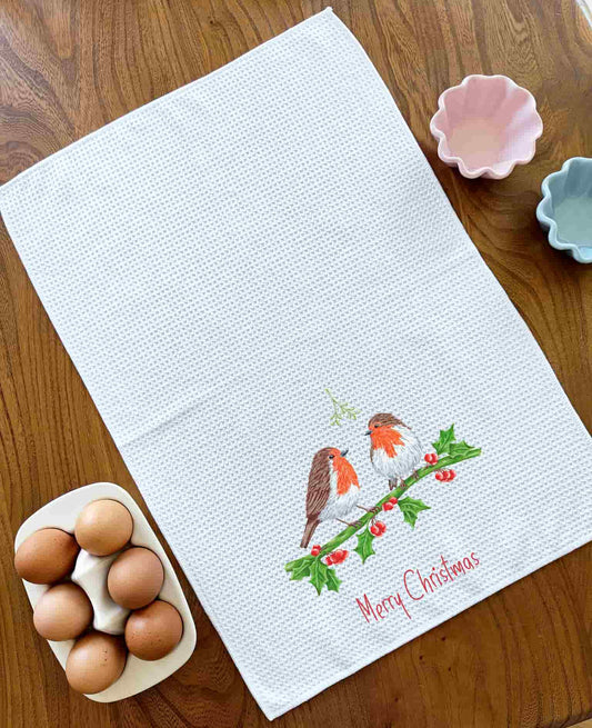 Robin Couple Christmas Tea Towel