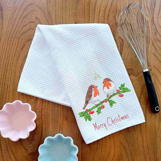 Robin Couple Christmas Tea Towel