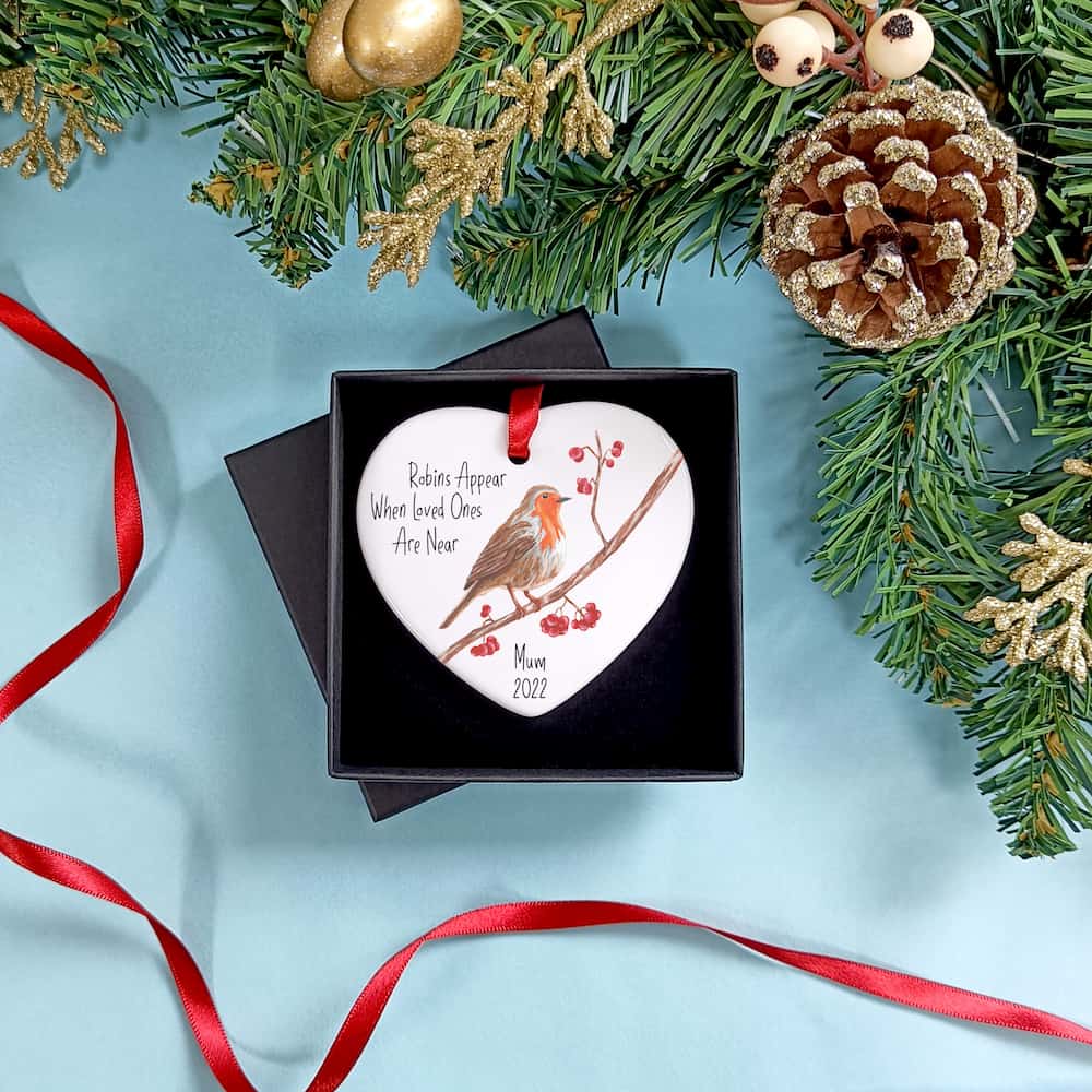 Personalised Robin Memorial Heart Christmas Decoration